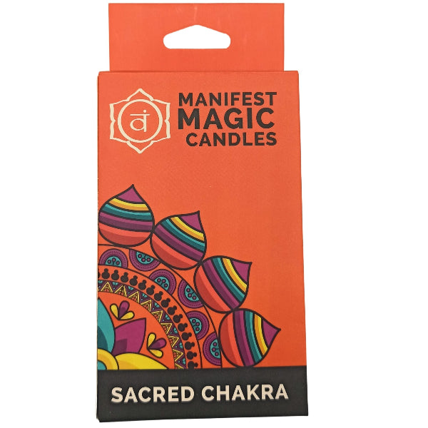 Manifest Magic Candles packaging with colorful design on an orange background