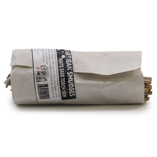 Rolled sage sticks with a label on a white background