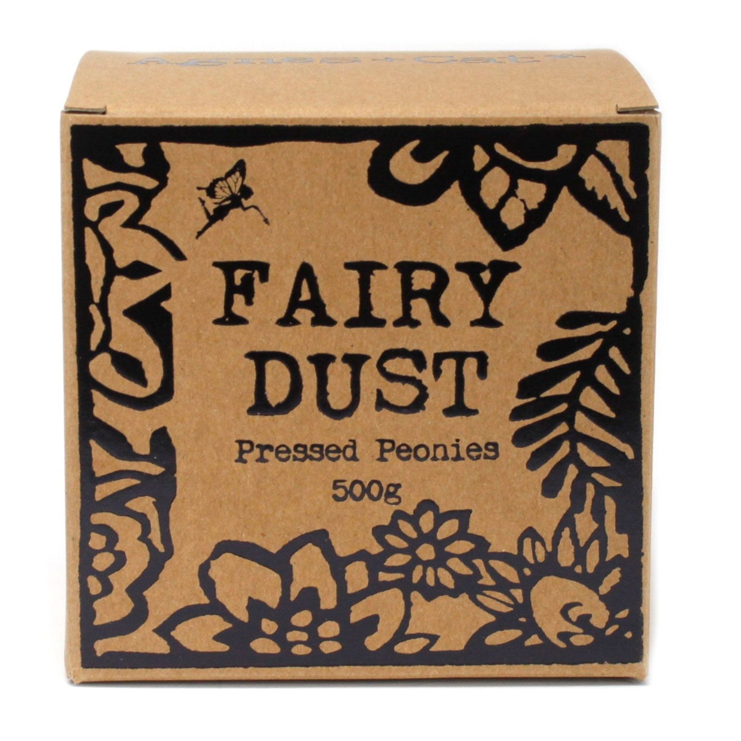 Box labeled 'Fairy Dust Pressed Peonies' with decorative elements on a white background