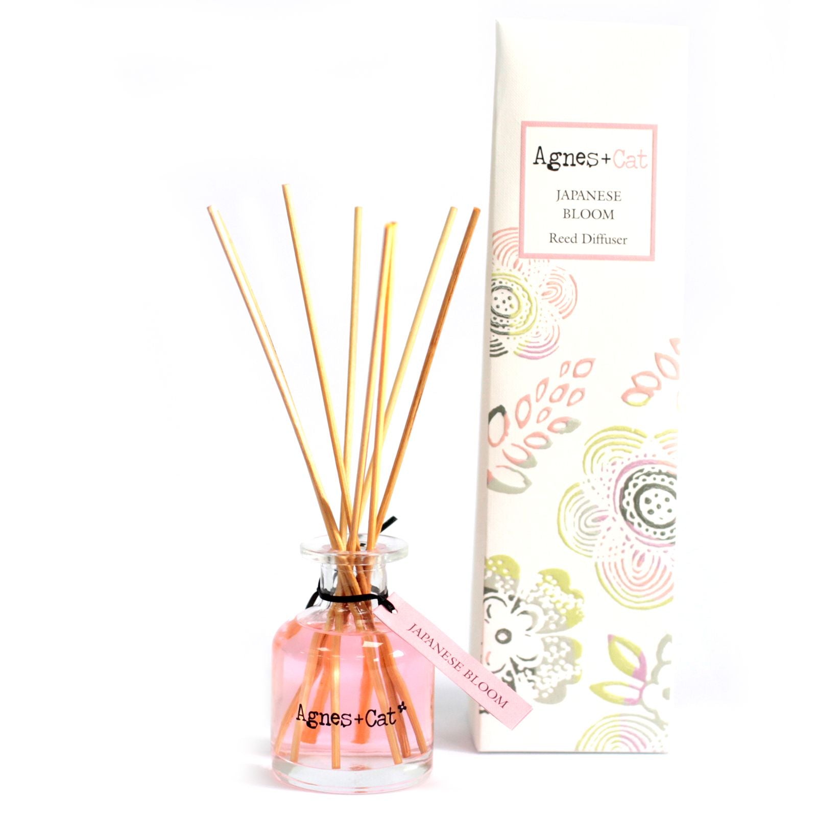 Aromatherapy diffuser with wooden sticks and a decorative box on a white background