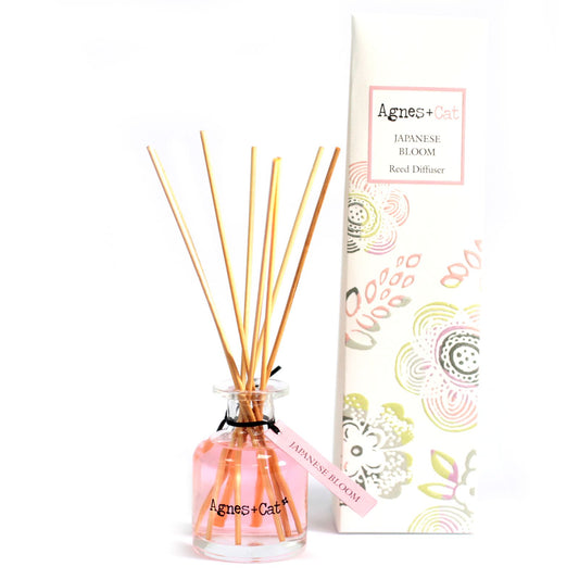 Aromatherapy diffuser with wooden sticks and a decorative box on a white background