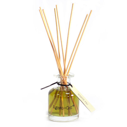 Aromatherapy diffuser with wooden sticks and a clear bottle on a white background