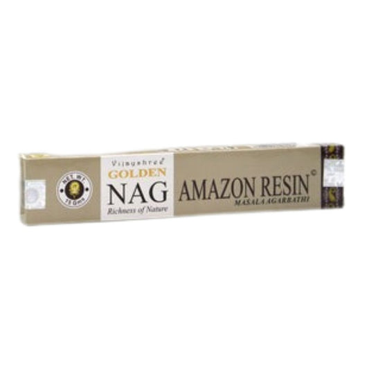 Box of Golden Nag Amazon Resin incense sticks on a white background