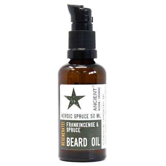 Brown bottle of beard oil with a label on a white background