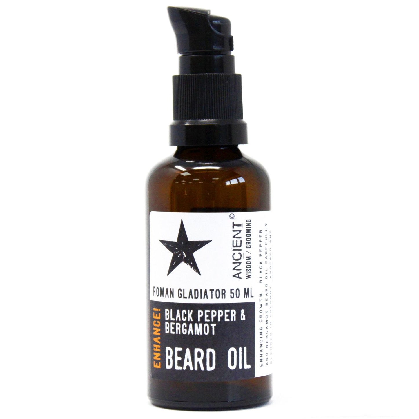 Brown bottle of beard oil with a black star label on a white background