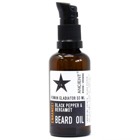 Brown bottle of beard oil with a black star label on a white background