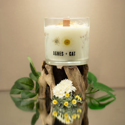Candle in a glass jar with 'AGNES + CAT' branding on a wooden stand with flowers and leaves.