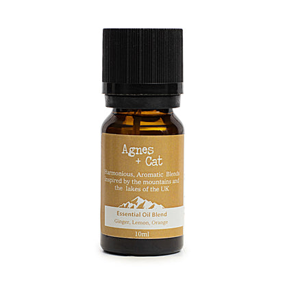 Essential oil blend bottle with a brown label on a white background