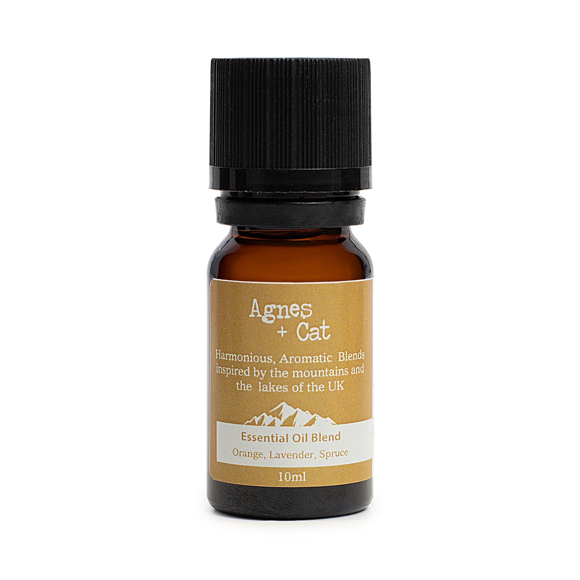 Essential oil blend bottle with a black cap and brown label on a white background