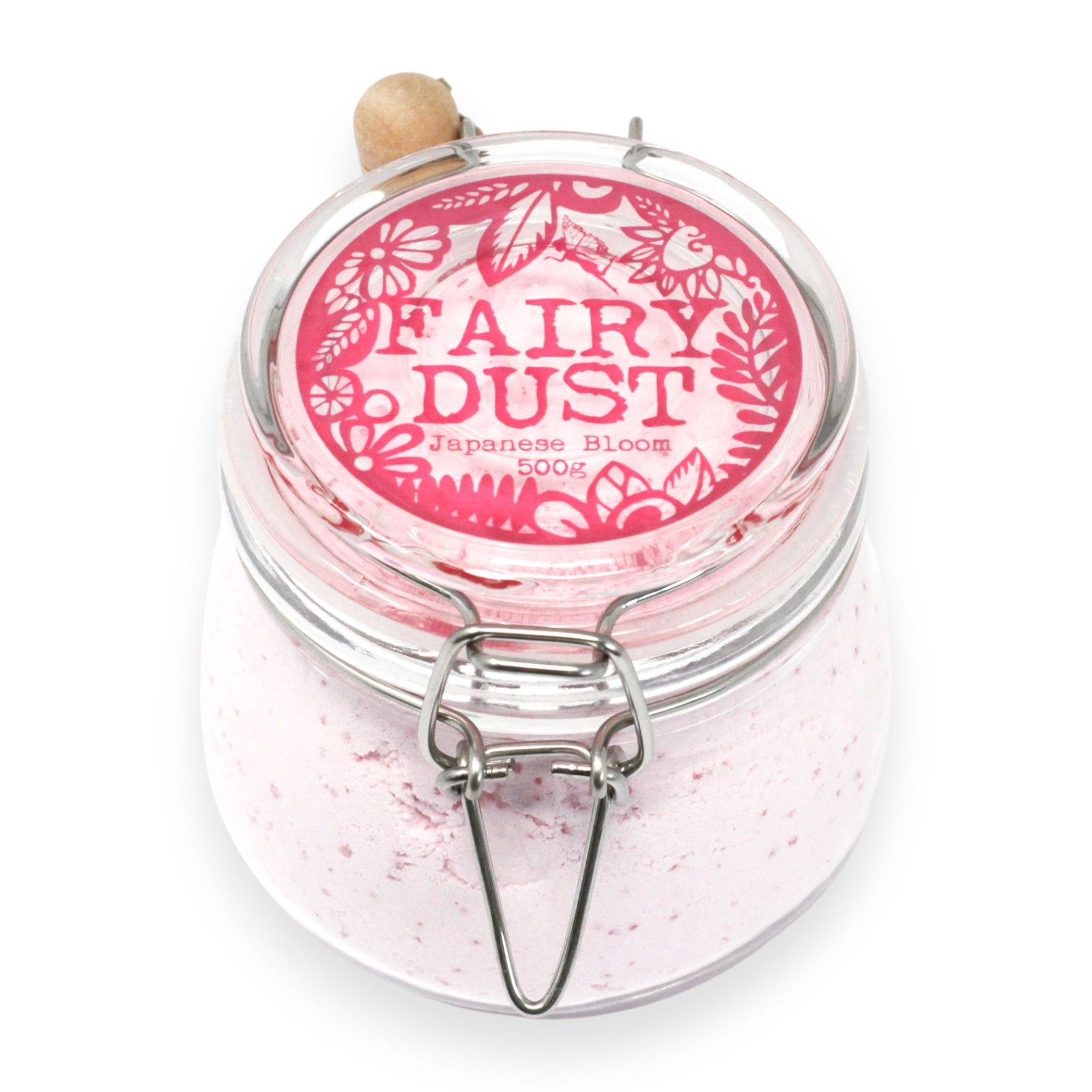 Jar of 'Fairy Dust' with pink label on a white background