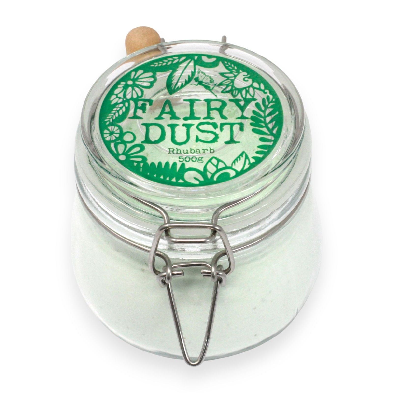 Jar labeled 'Fairy Dust' with a green lid on a white background