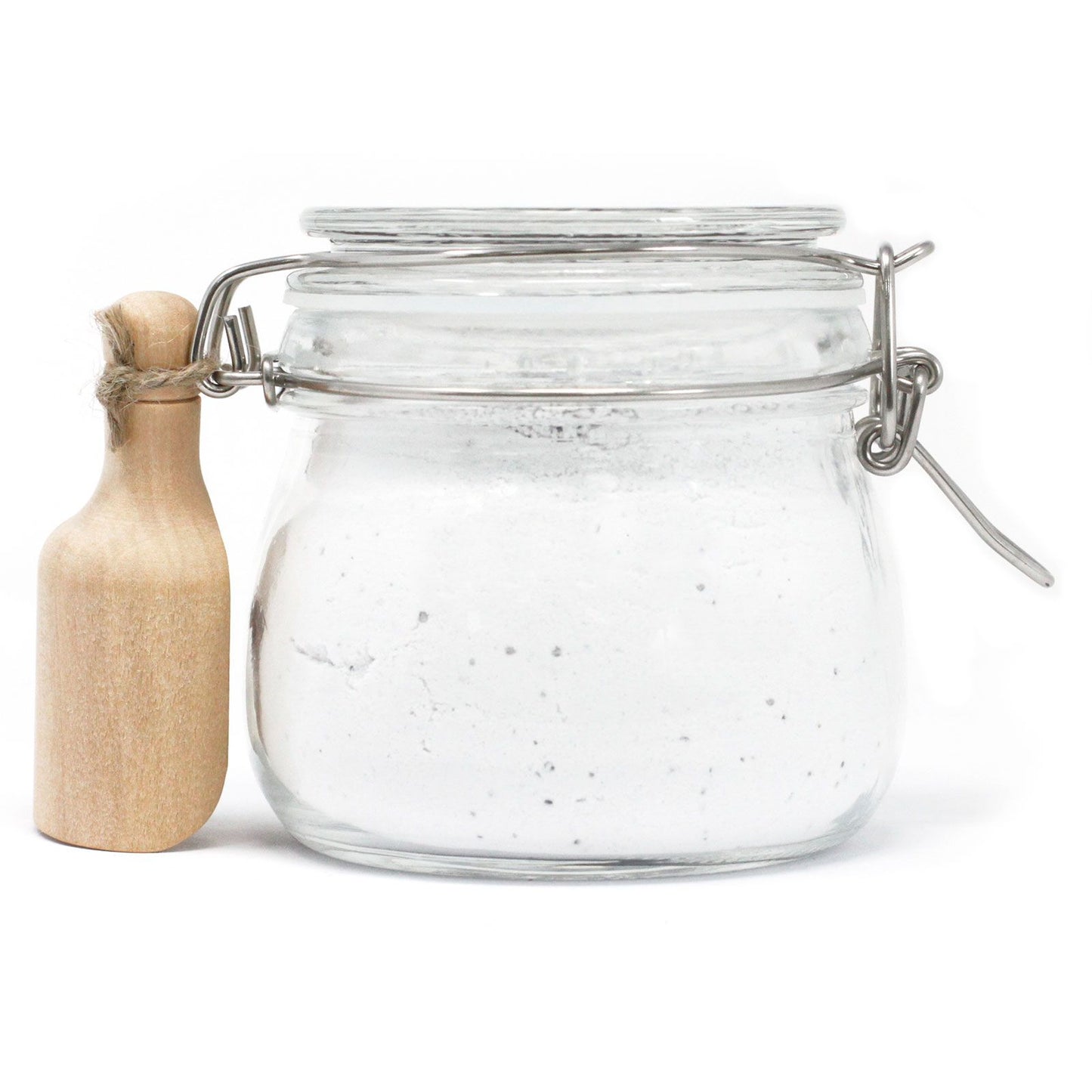 Clear glass jar with wooden bottle on a white background