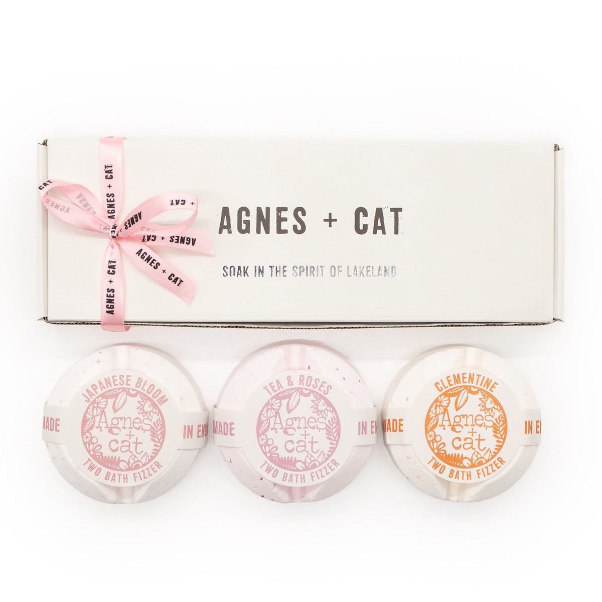 Three bath fizzes with 'Agnes + Cat' branding on a white background