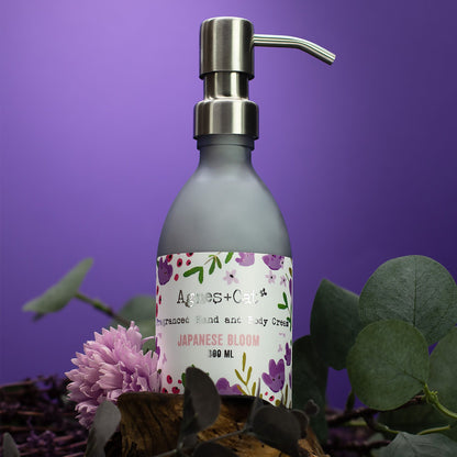 Gray bottle with a pump dispenser on a purple background with flowers and leaves.