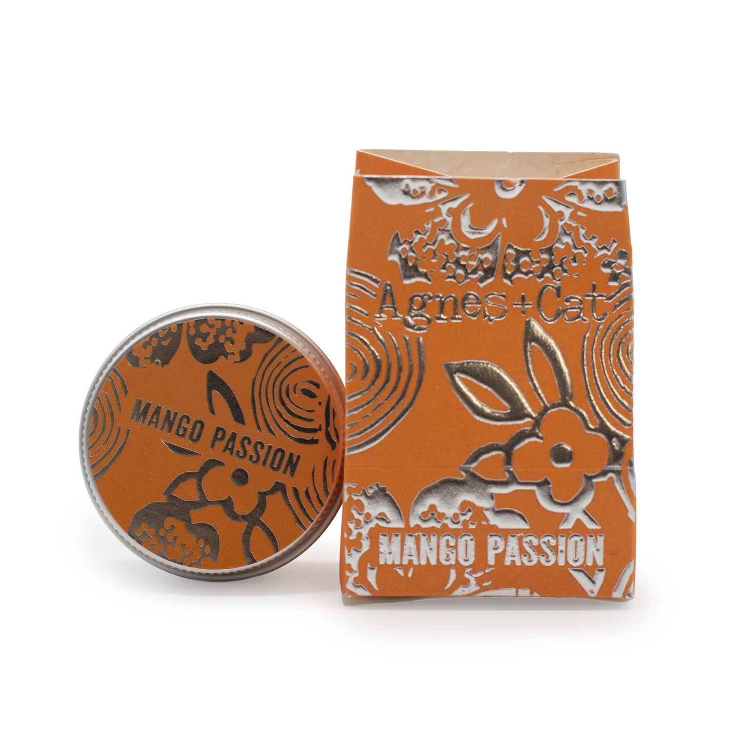 Mango Passion product packaging with branding on an orange background