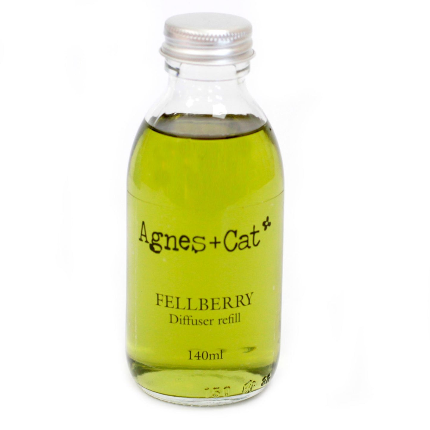Glass bottle of Agnes + Cat Fellberry diffuser refill on a white background