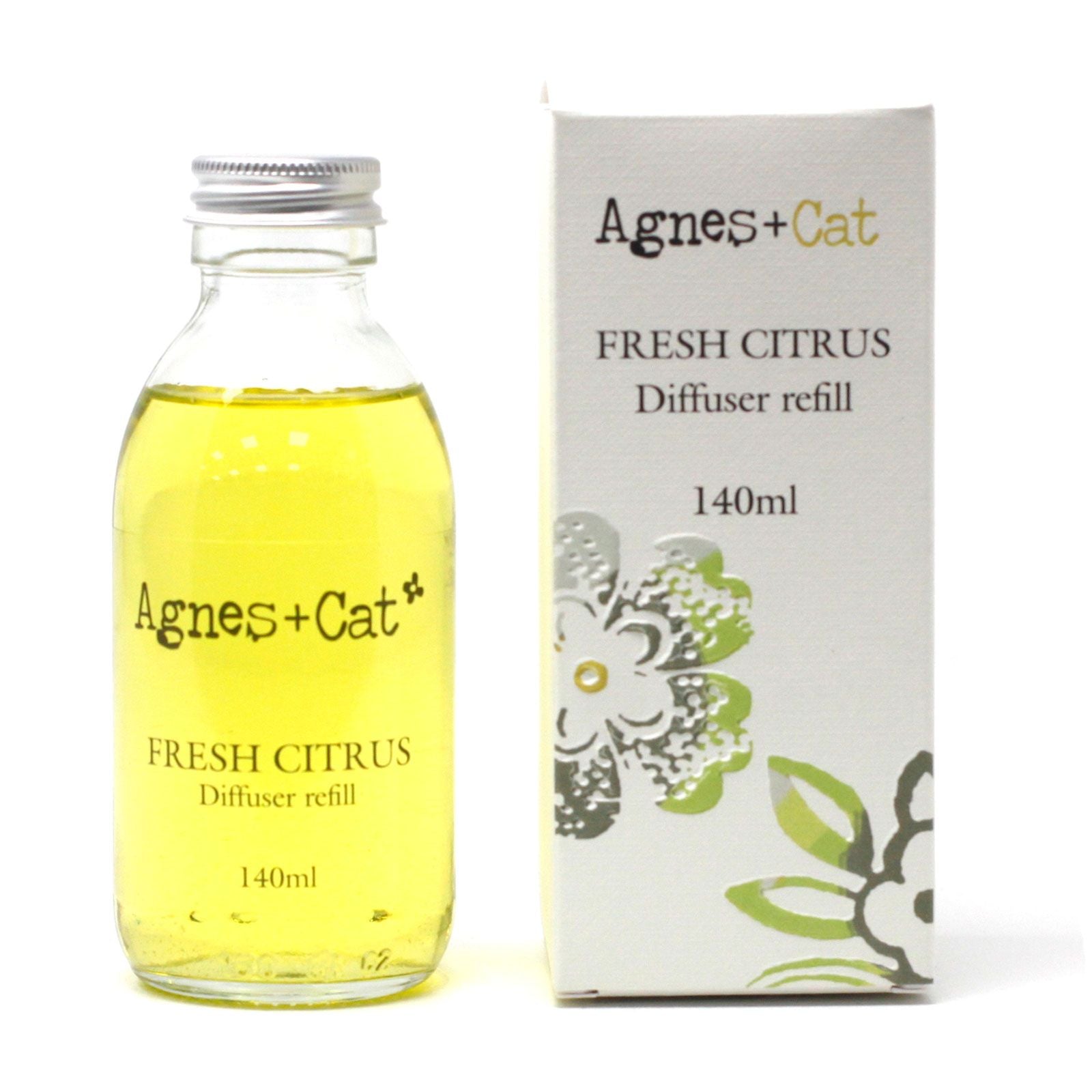 Agnes + Cat Fresh Citrus diffuser refill bottle and packaging on a white background
