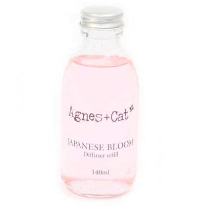Pink diffuser refill bottle with 'Agnes + Cat' branding on a white background