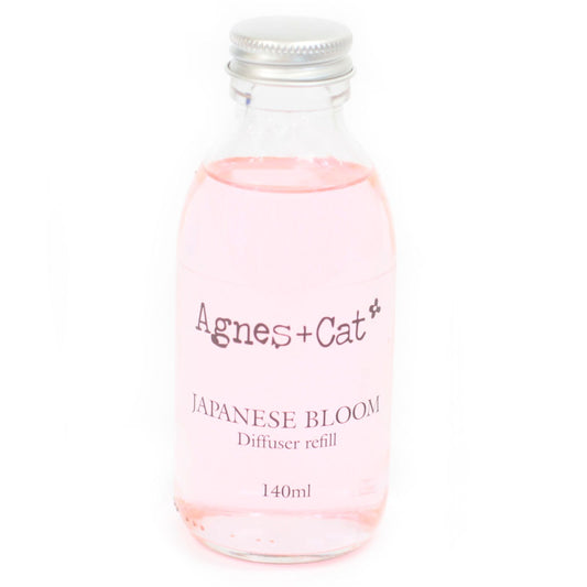 Pink diffuser refill bottle with 'Agnes + Cat' branding on a white background