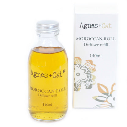 Agnes + Cat Moroccan Roll diffuser refill bottle and packaging on a white background