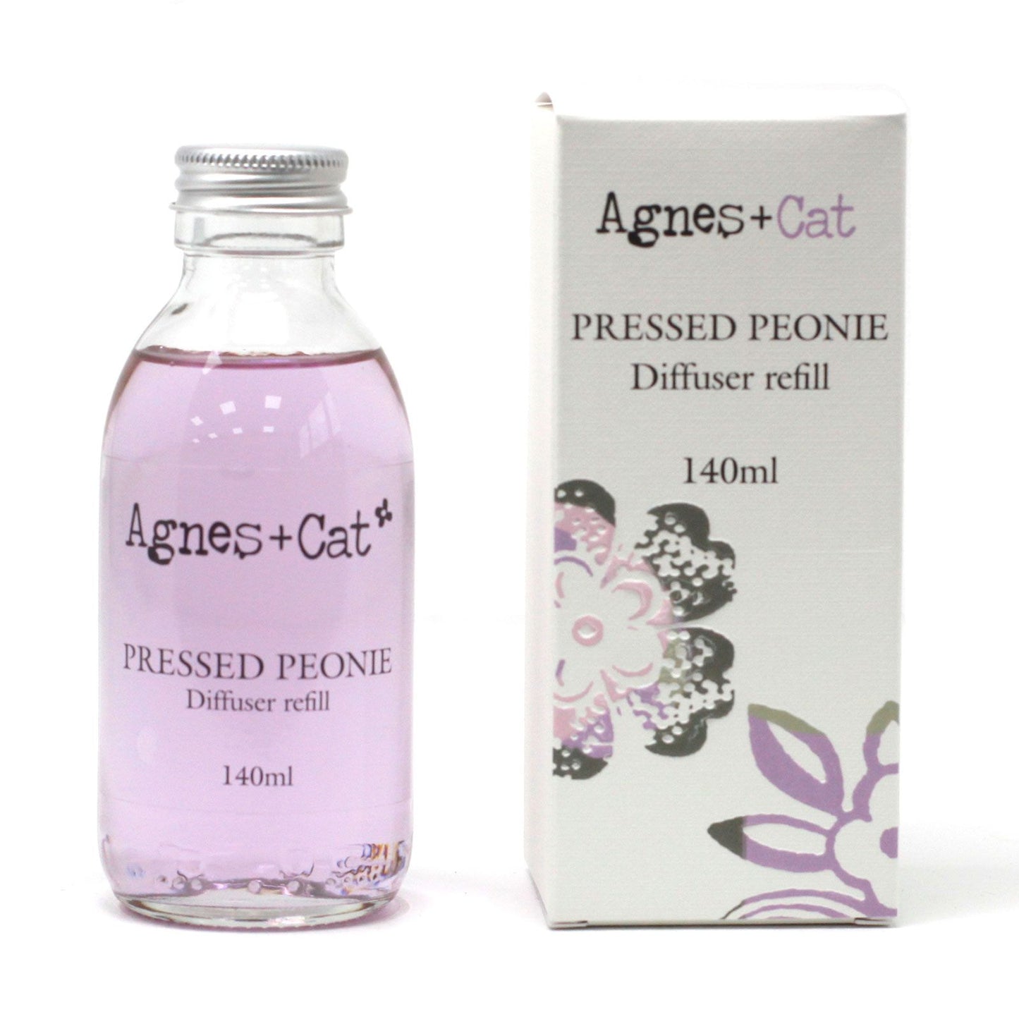 Agnes + Cat Pressed Peony diffuser refill bottle and packaging on a white background