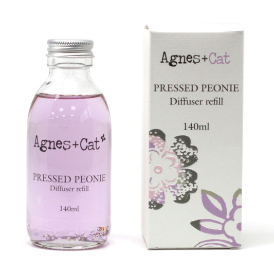 Agnes + Cat Pressed Peony diffuser refill bottle and packaging on a white background