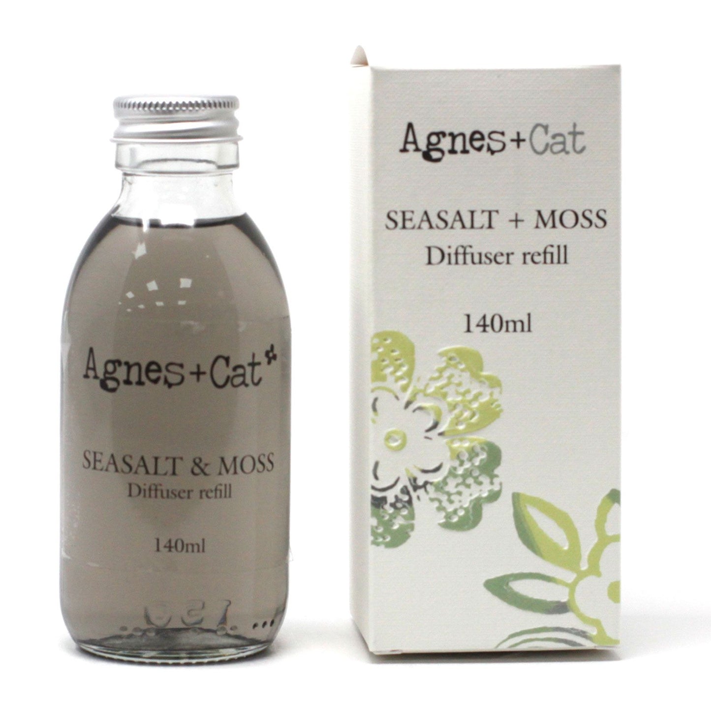 Agnes + Cat Seasalt & Moss diffuser refill bottle and packaging on a white background