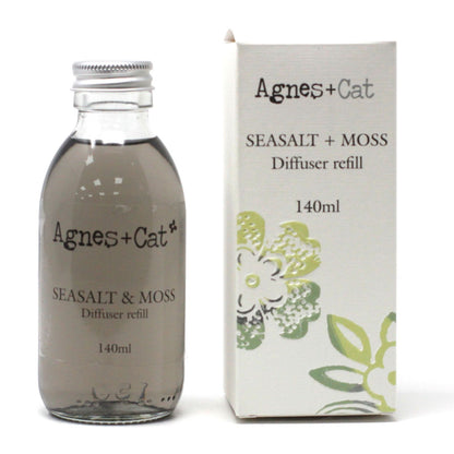 Agnes + Cat Seasalt & Moss diffuser refill bottle and packaging on a white background