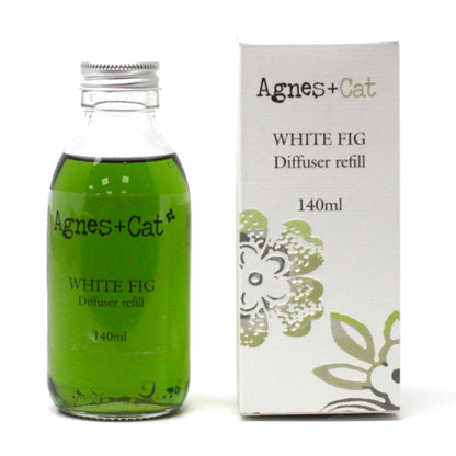 Green diffuser refill bottle and packaging with 'Agnes + Cat' branding on a white background