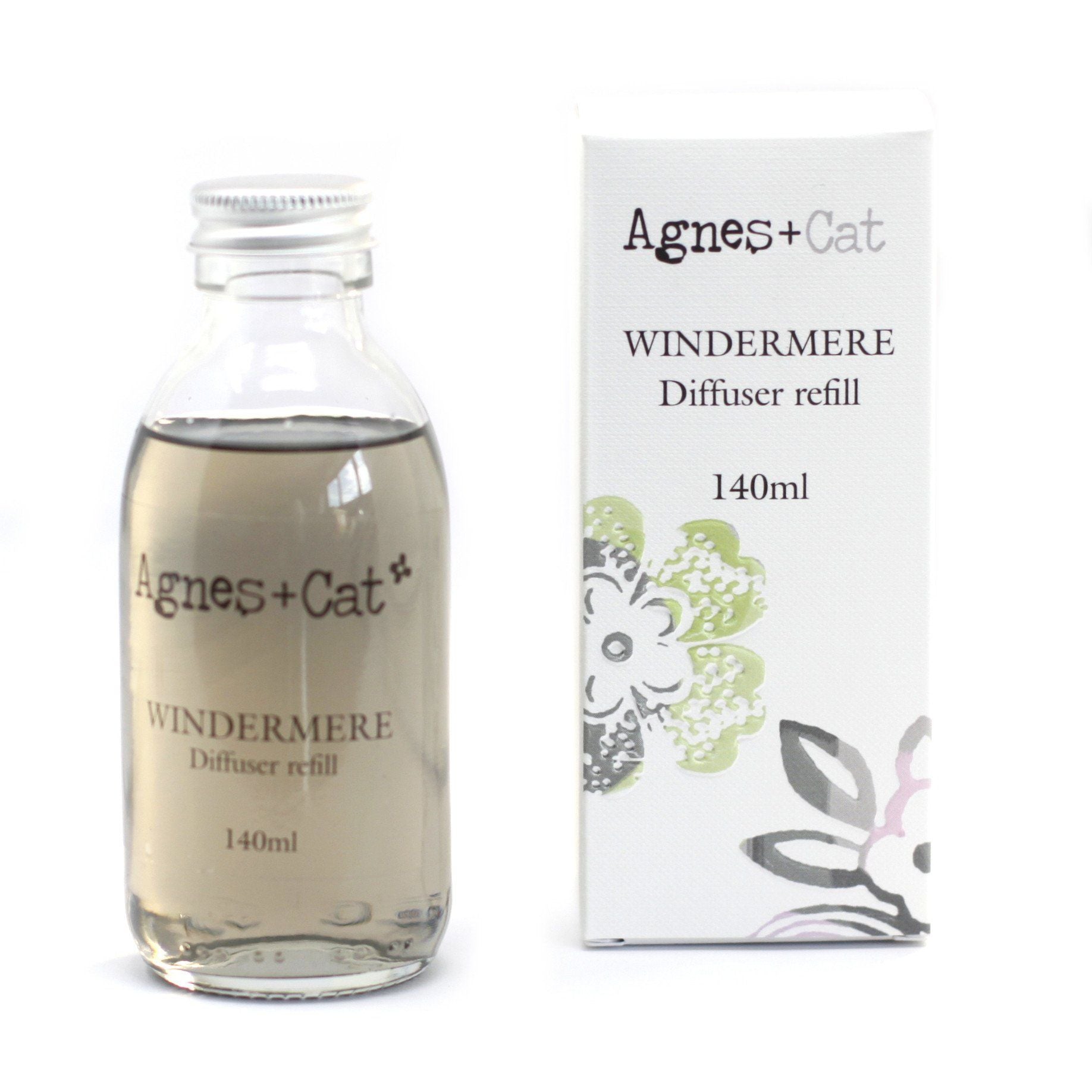 Agnes + Cat Windermere diffuser refill bottle and packaging on a white background