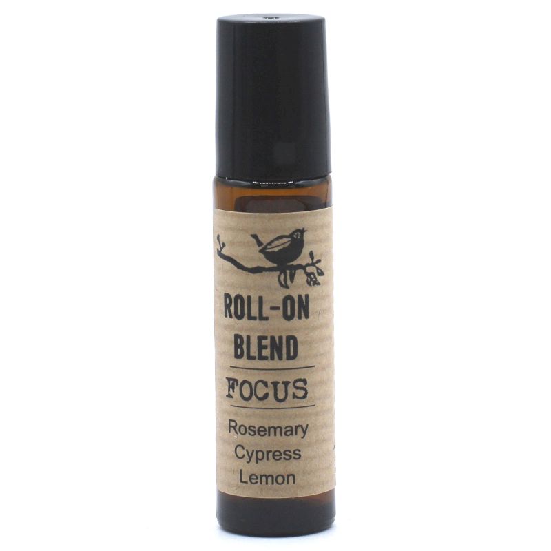 Roll-on blend bottle labeled 'Focus' with ingredients on a white background