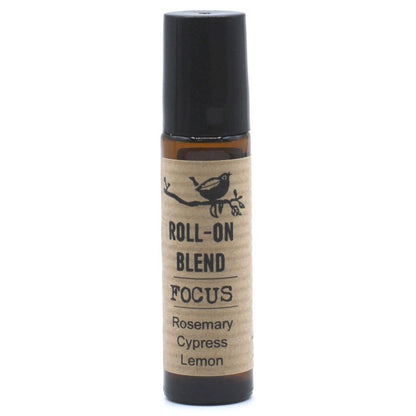 Roll-on blend bottle labeled 'Focus' with ingredients on a white background