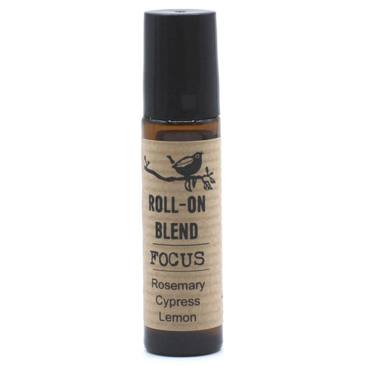 Roll-on blend bottle labeled 'Focus' with ingredients on a white background