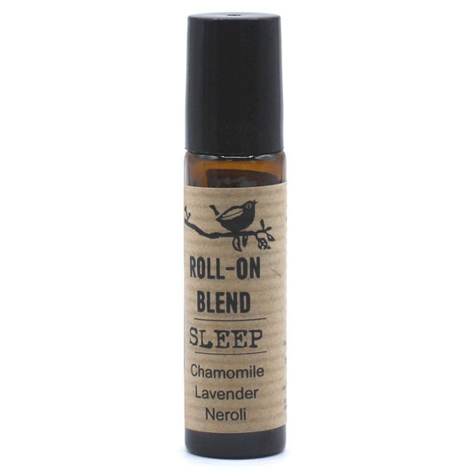 Roll-on blend bottle labeled 'Sleep' with a black cap on a white background