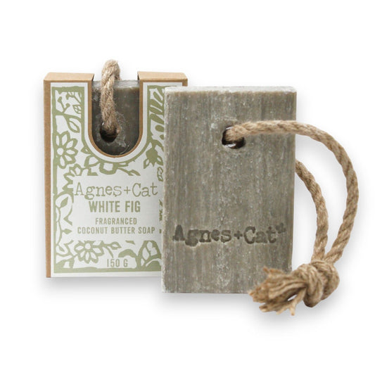 Agnes + Cat soap on a rope with packaging on a white background