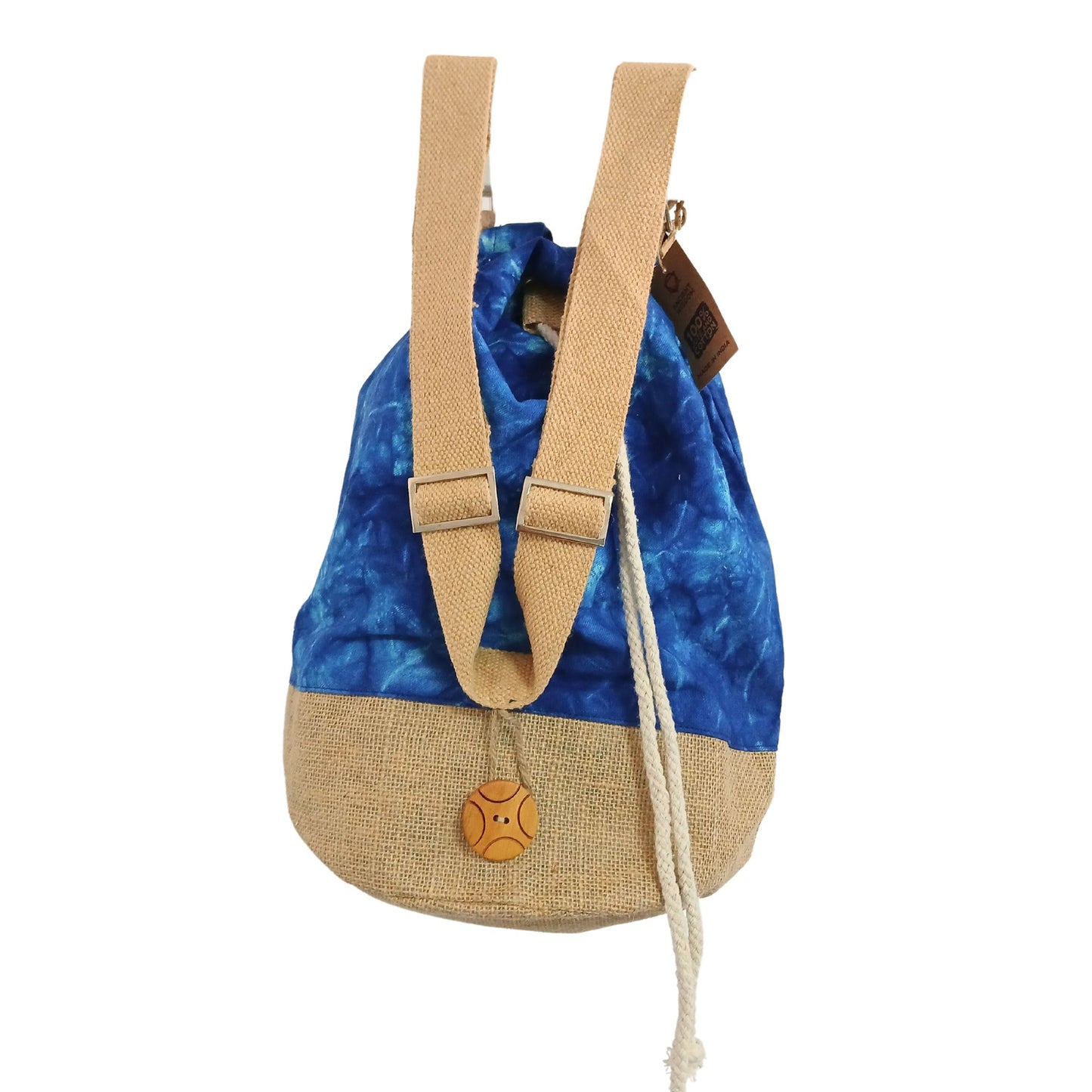 Blue drawstring bag with beige straps and base on a white background