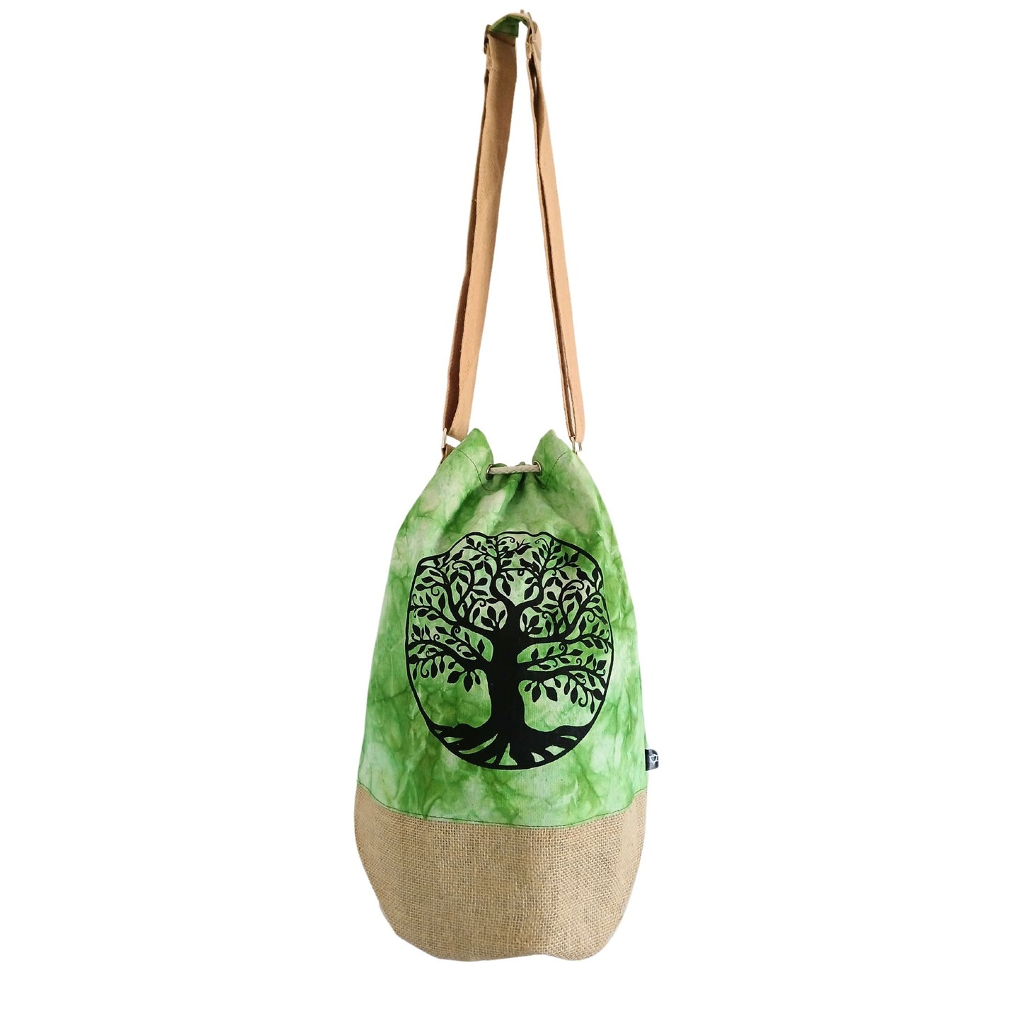 Green drawstring bag with a tree design on a white background