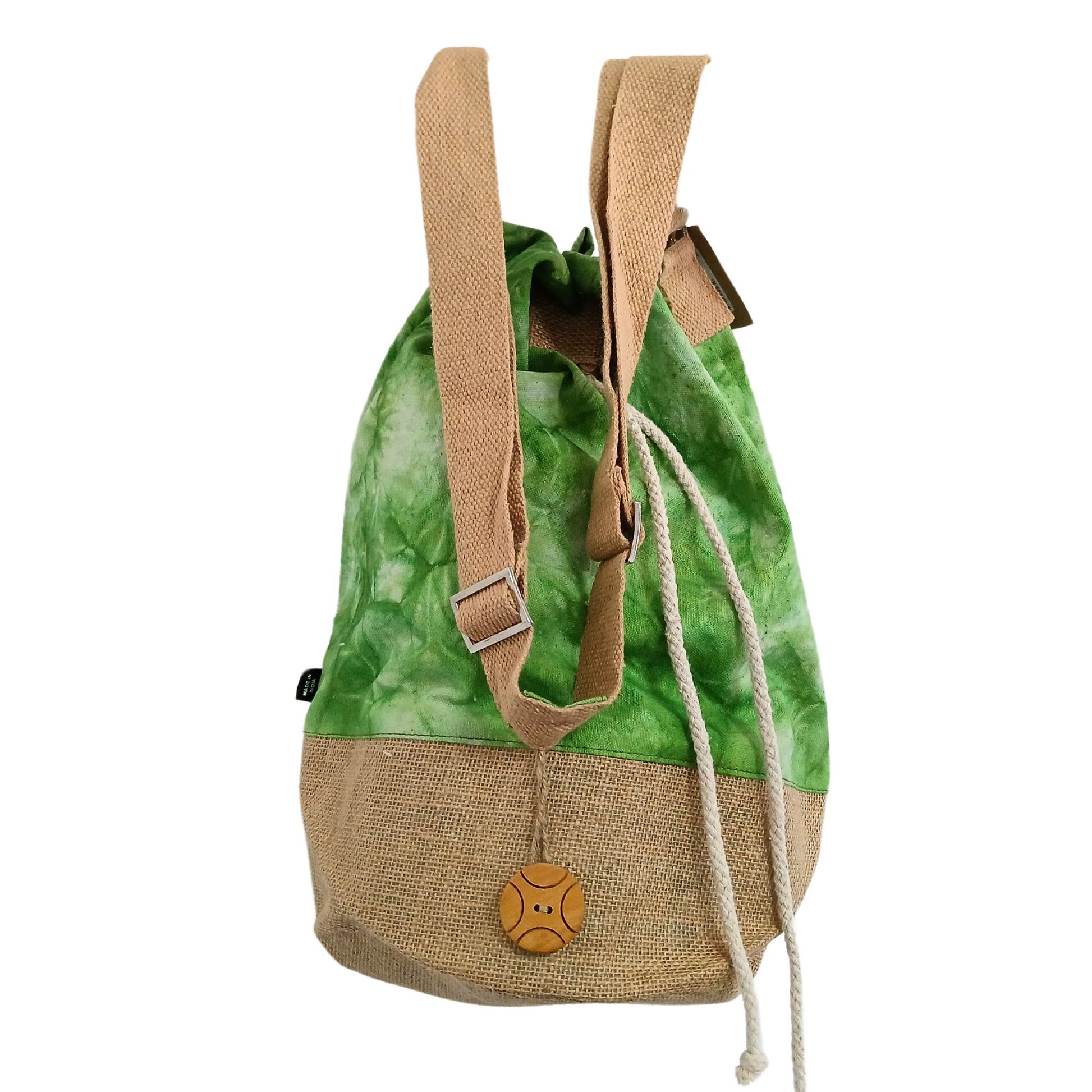Green and beige drawstring bag with a natural material base on a white background