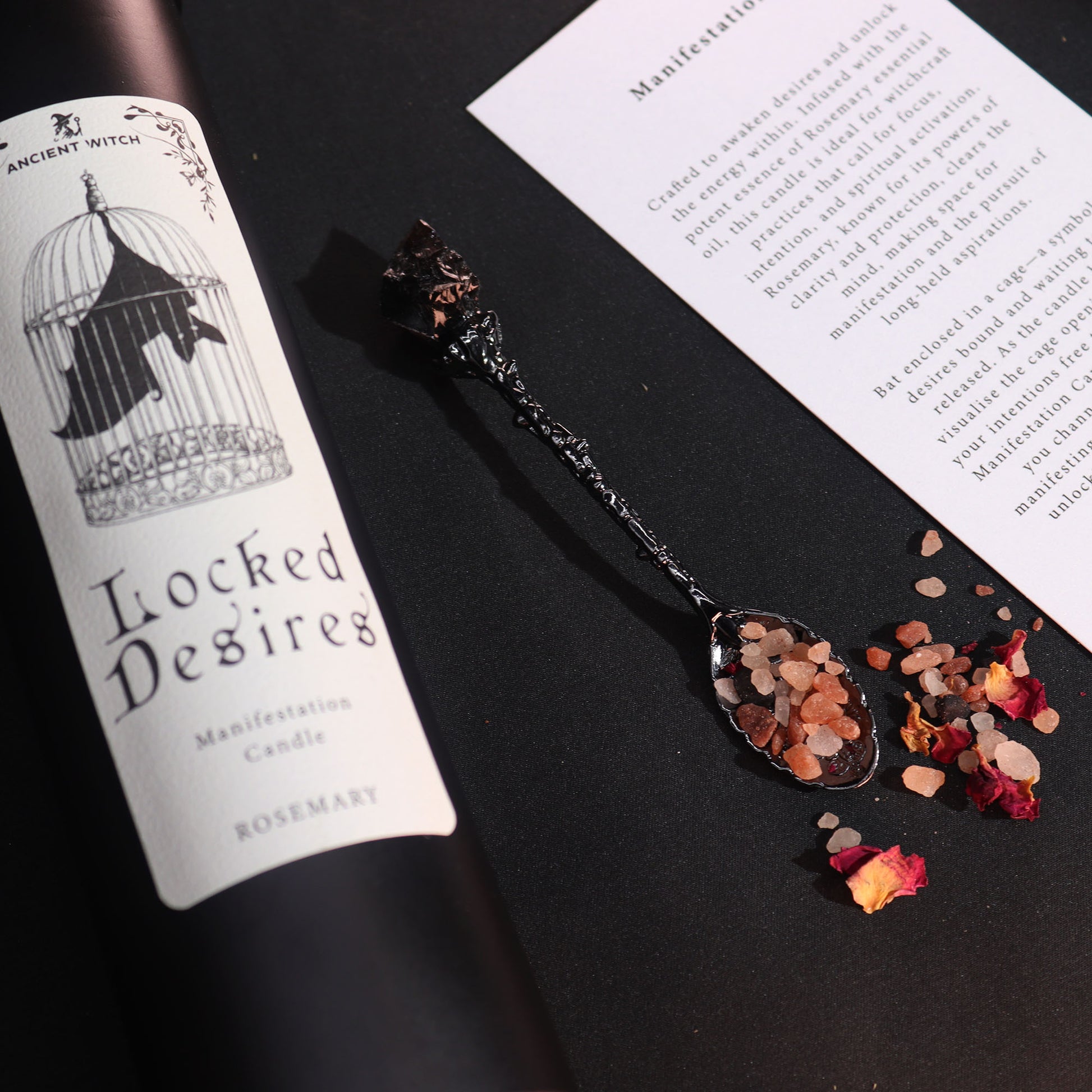 Locked Desires ritual candle, designed to support powerful manifestation and the unlocking of hidden dreams and intentions. Scented with aromatic rosemary, with instructions