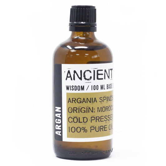Bottle of Ancient Wisdom Argan oil with a label on a white background