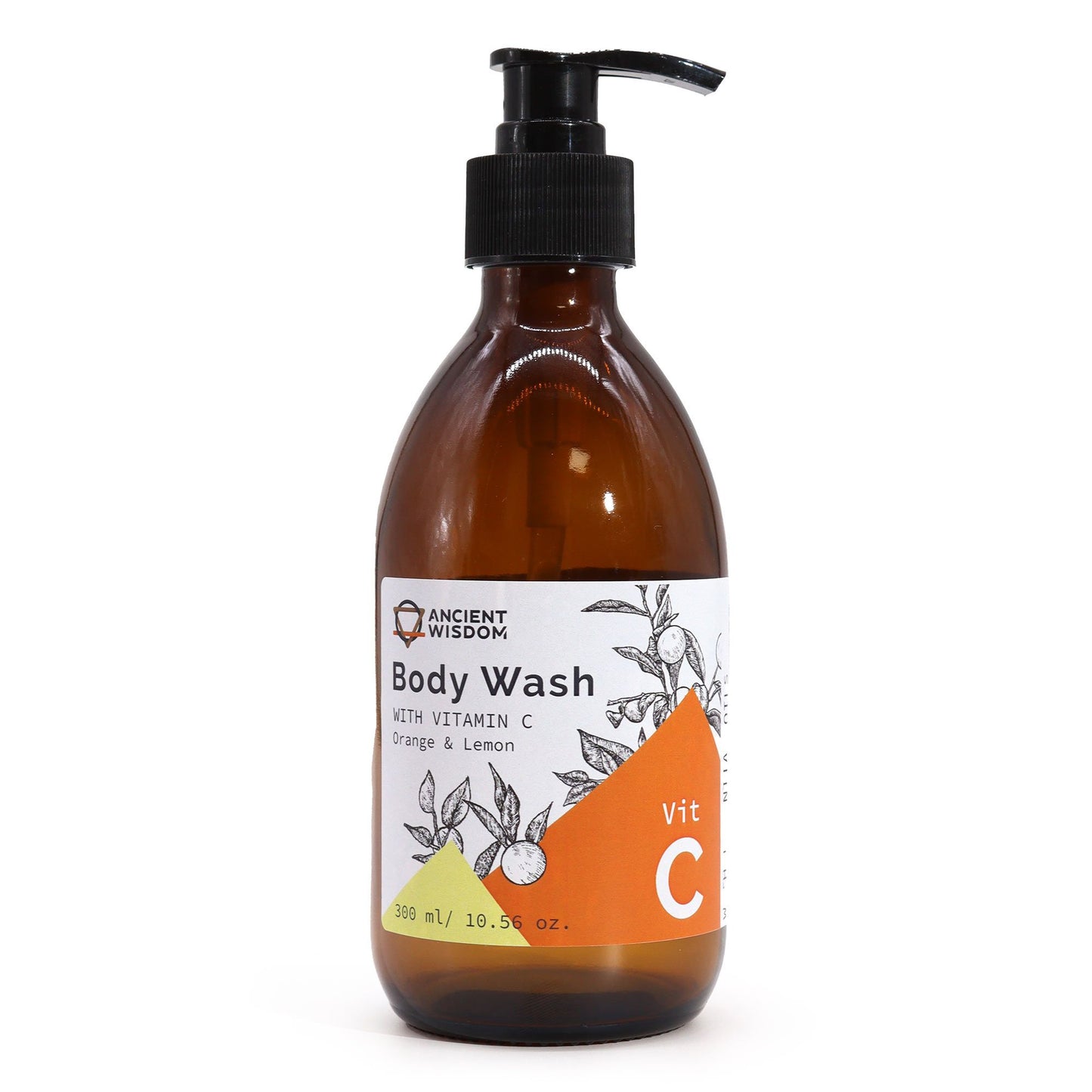 Brown bottle of body wash with a pump and label on a white background