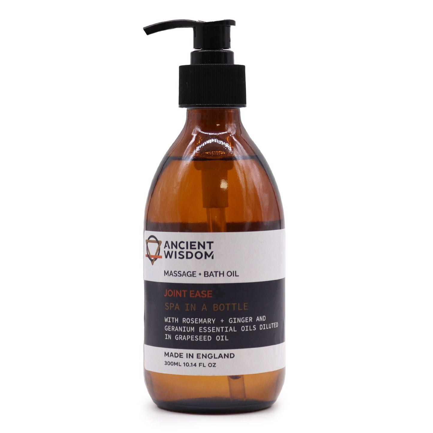 Brown bottle of massage and bath oil with pump, labeled 'Ancient Wisdom', on a white background.