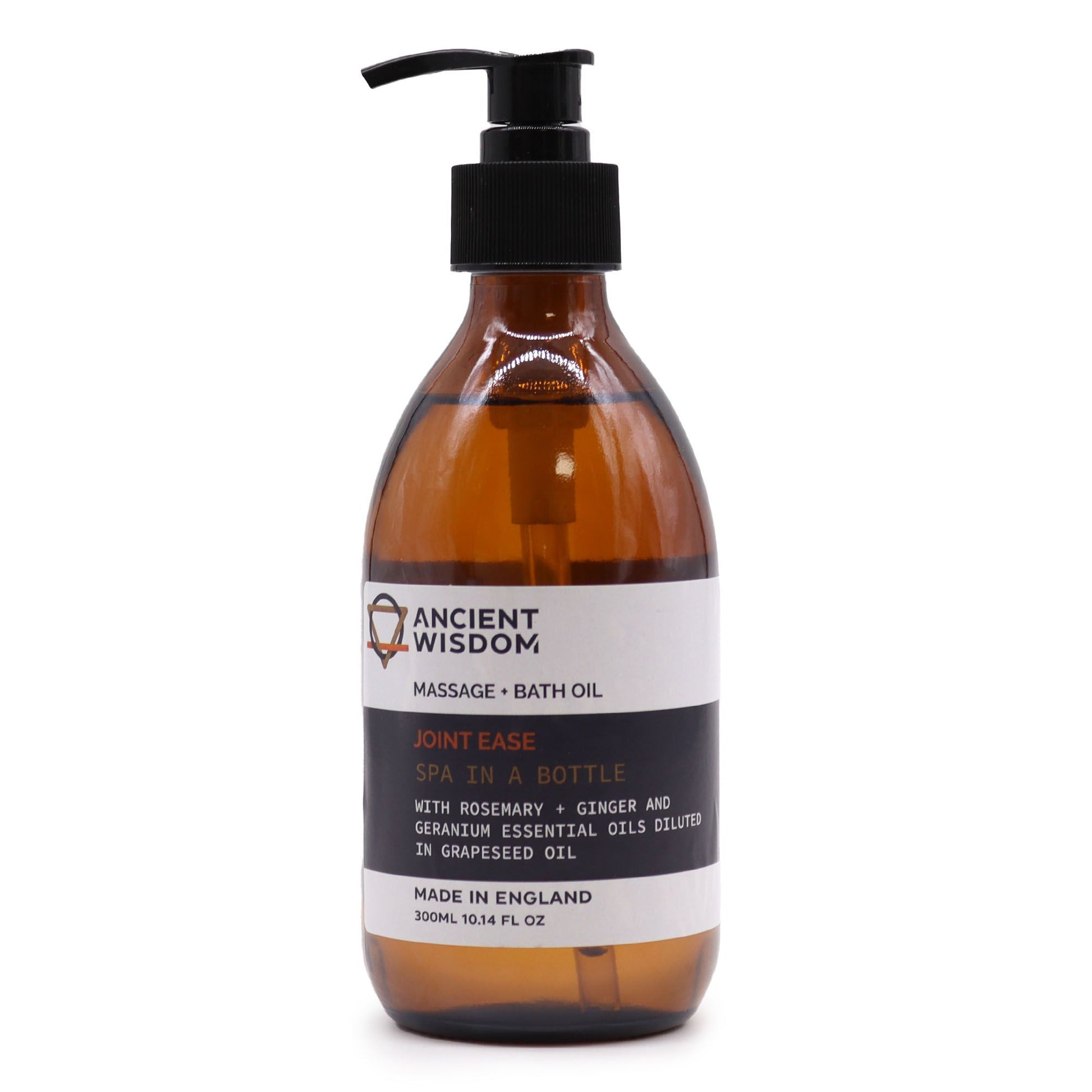 Brown bottle of massage and bath oil with pump, labeled 'Ancient Wisdom', on a white background.