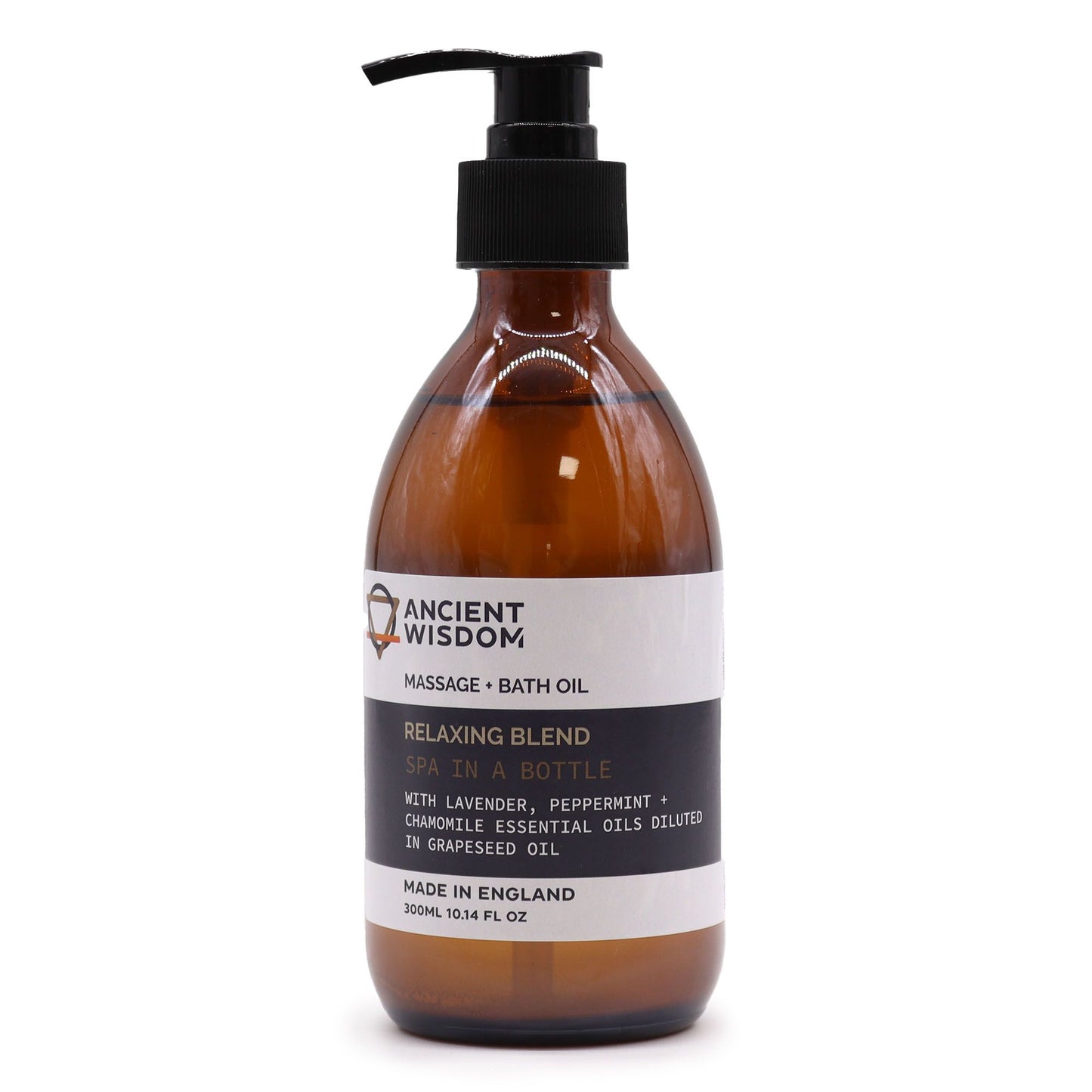 Brown bottle of massage and bath oil with a pump, labeled 'Ancient Wisdom', on a white background.