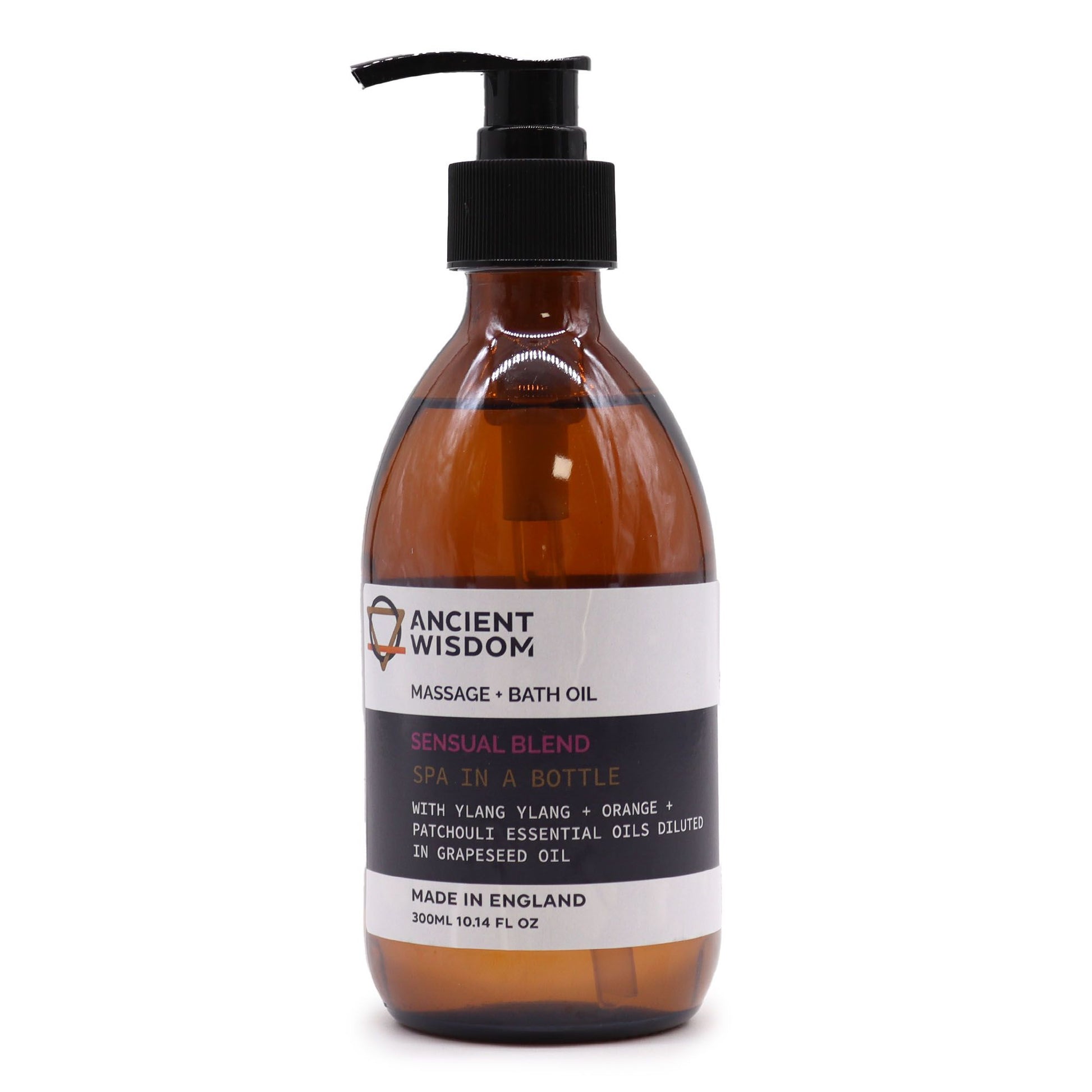 Brown bottle of massage bath oil with pump and label on a white background