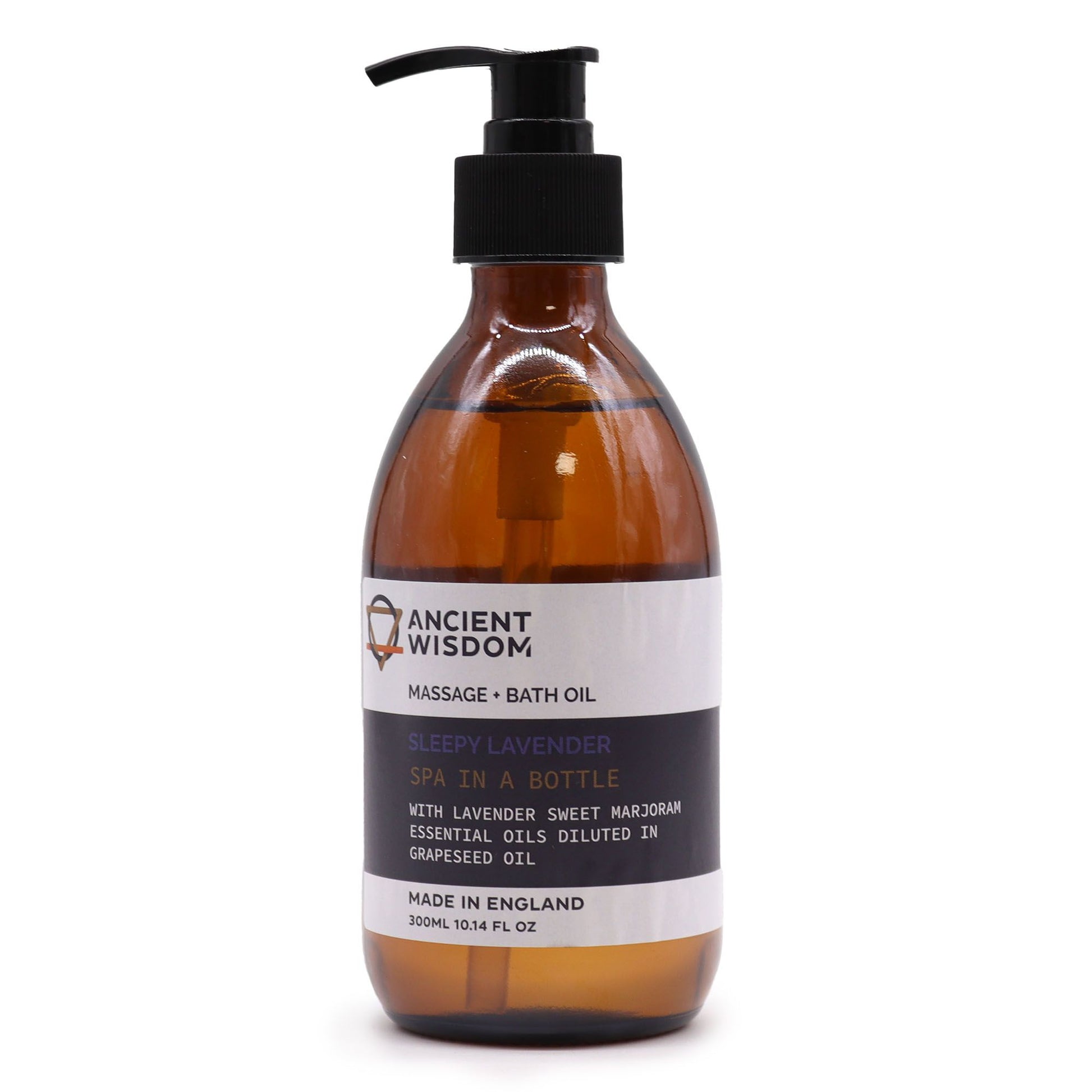 Bottle of massage and bath oil with a pump from Ancient Wisdom on a white background