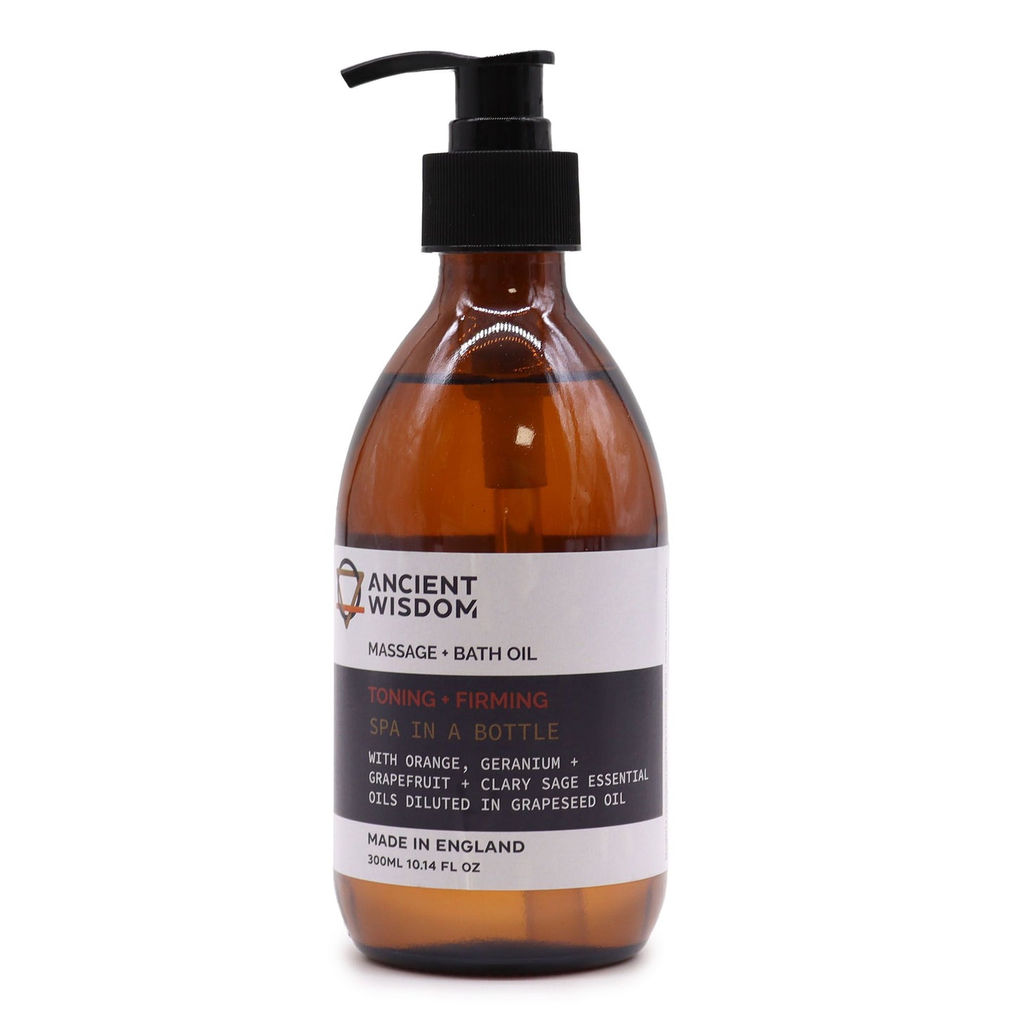 Brown bottle of massage and bath oil with pump, labeled 'Ancient Wisdom', on a white background.