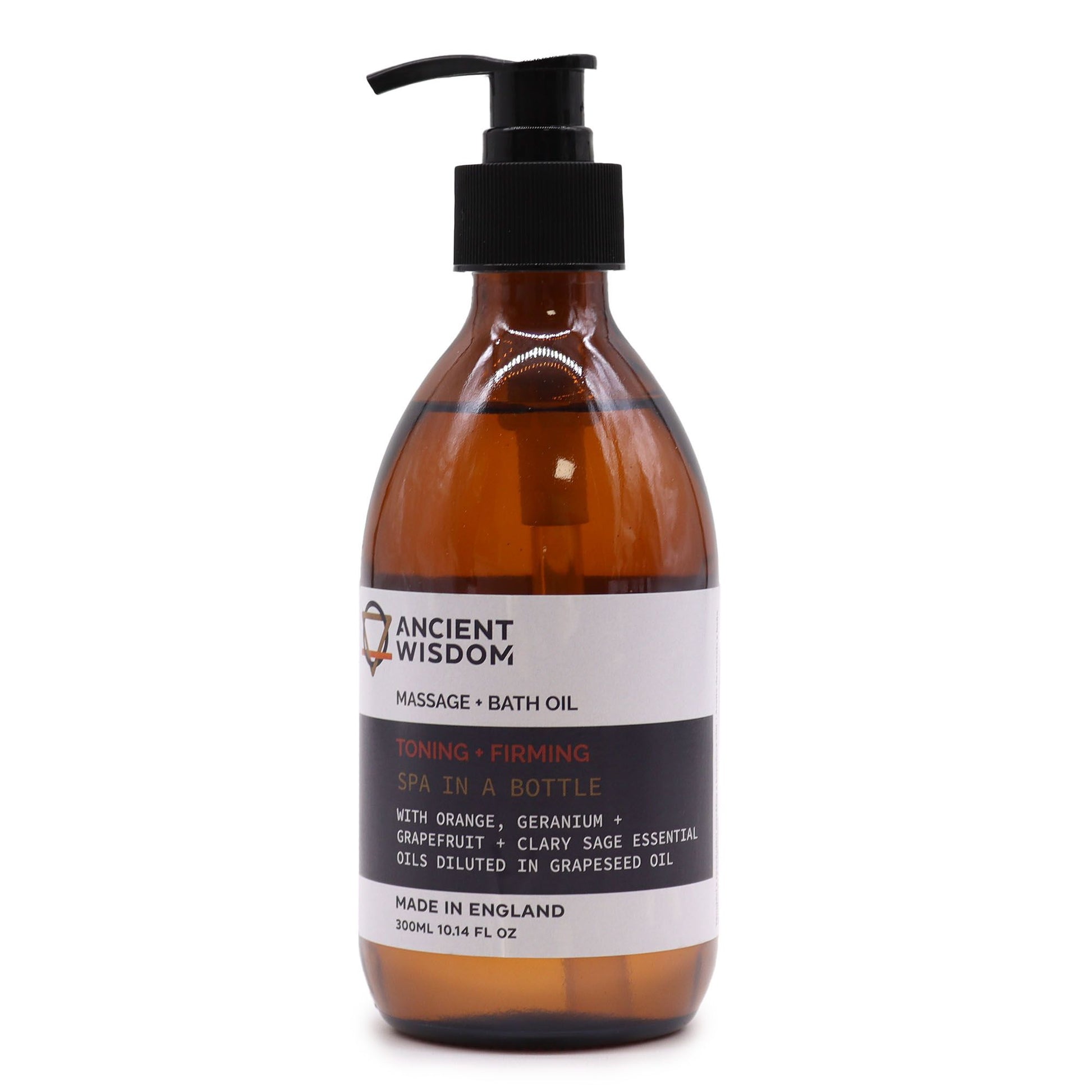 Brown bottle of massage and bath oil with pump, labeled 'Ancient Wisdom', on a white background.