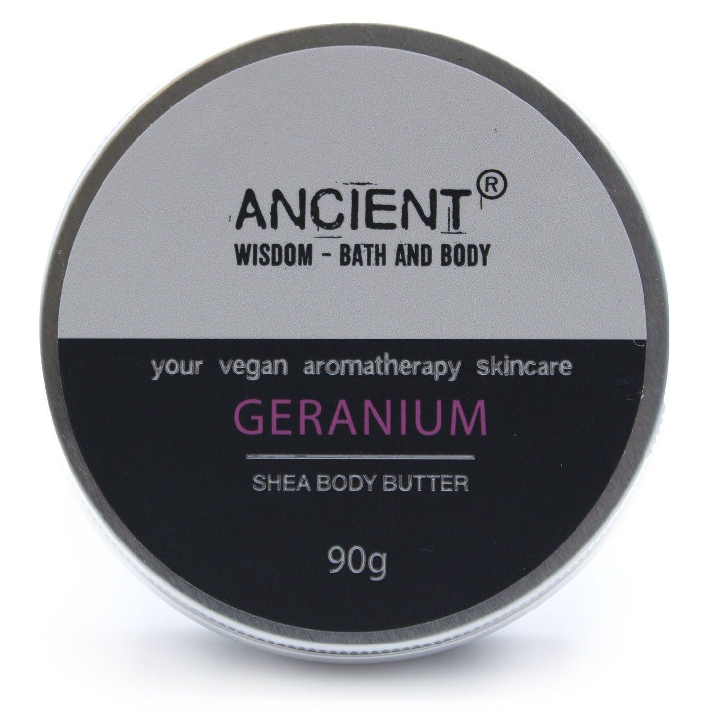 Shea body butter container labeled 'Ancient Wisdom Bath and Body' with 'Geranium' scent on a white background.