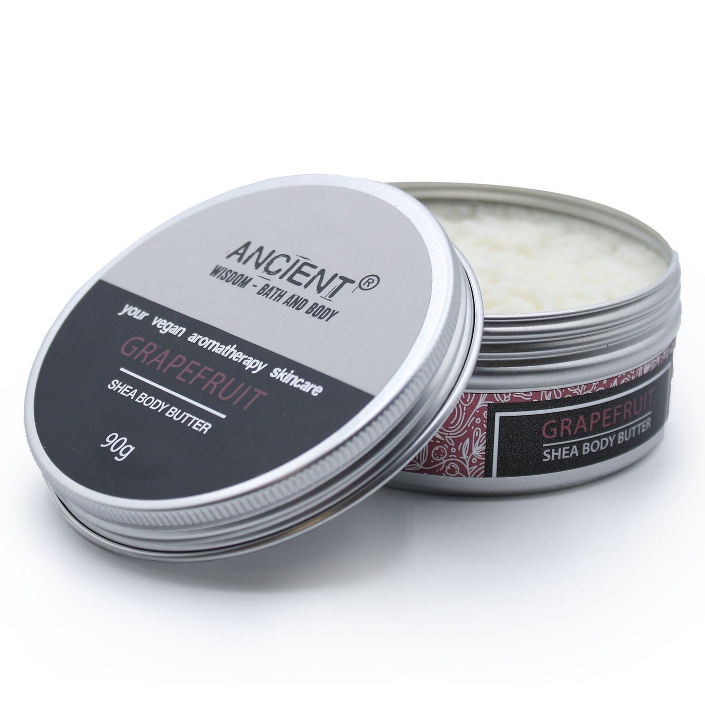 Shea body butter container with 'Ancient Wisdom' branding on a white background